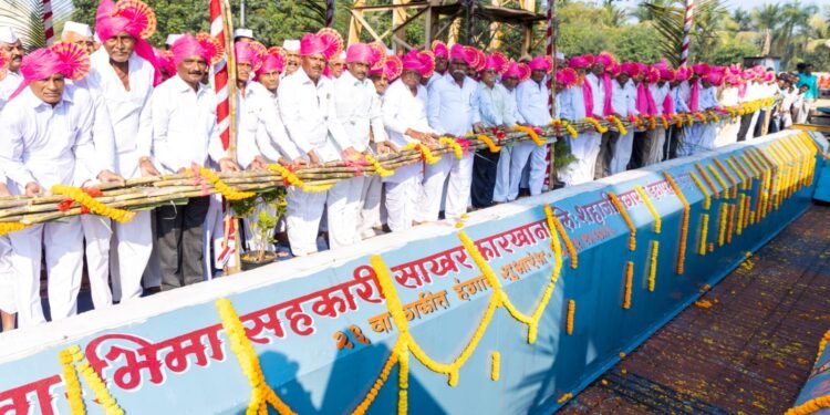 निरा भिमा कारखान्याच्या गळीत हंगामाचा 46 ज्येष्ठ सभासदांच्या हस्ते उसाची मोळी टाकून उत्साहात शुभारंभ