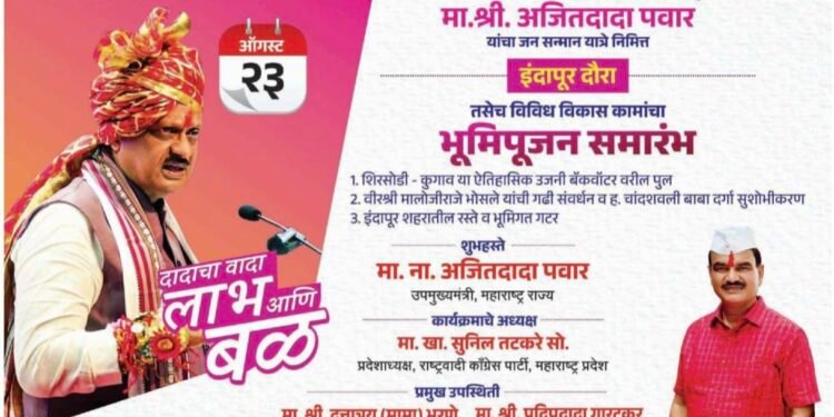 उपमुख्यमंत्री अजित पवार यांच्या उपस्थितीत राष्ट्रवादी काँग्रेसची जनसन्मान यात्रा शुक्रवारी (दि. २३) इंदापूर तालुक्यात